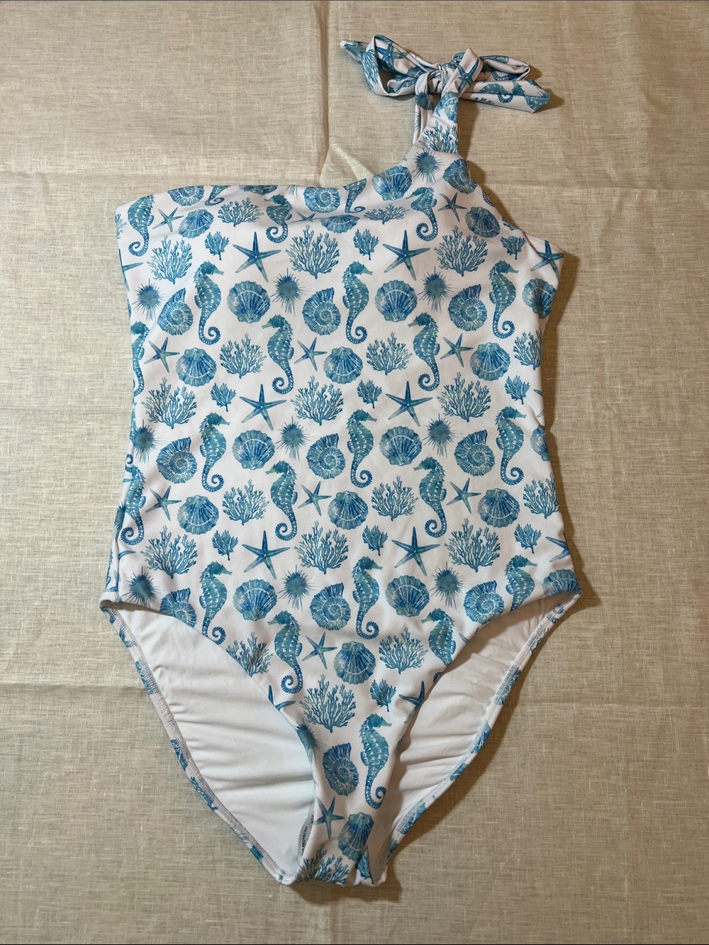 AQUA One-Shoulder Sea Life Print Swimsuit - White & Blue. Size L. NWT